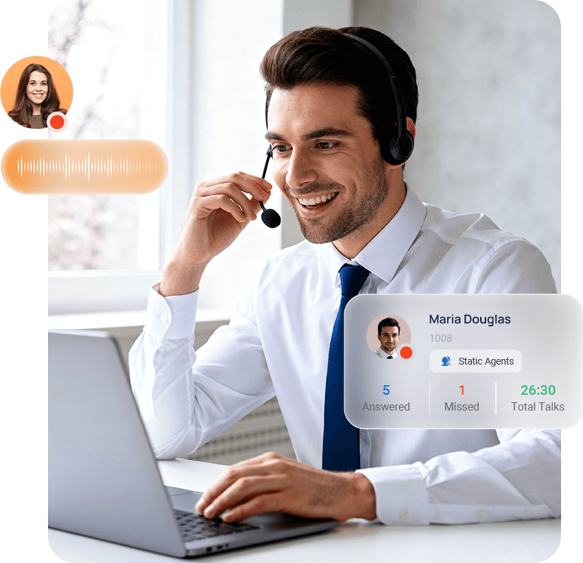 Image of Man with headset uses laptop showing contact center software, virtual call interface, Maria Douglas profile, and call stats.