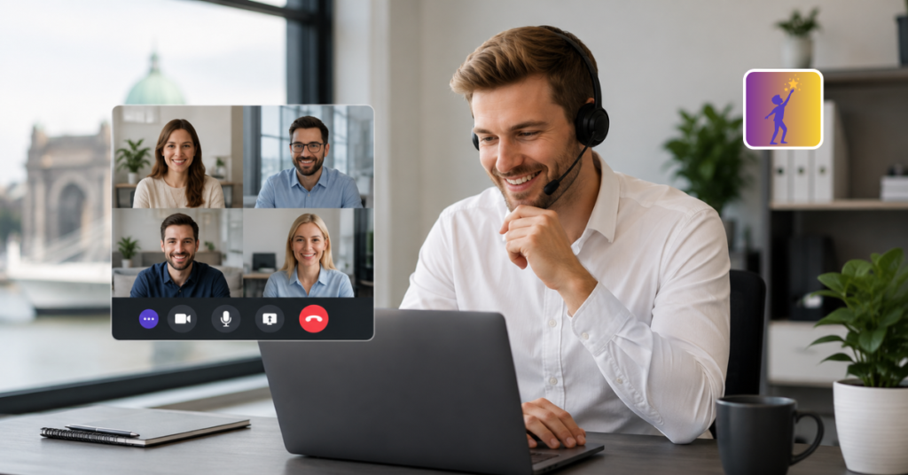 A man joining a VoIP conference call.