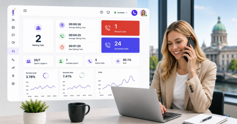 Irish woman using VoIP software.