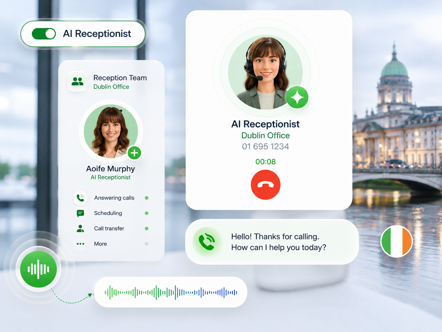 AI receptionist answering calls for an Irish business