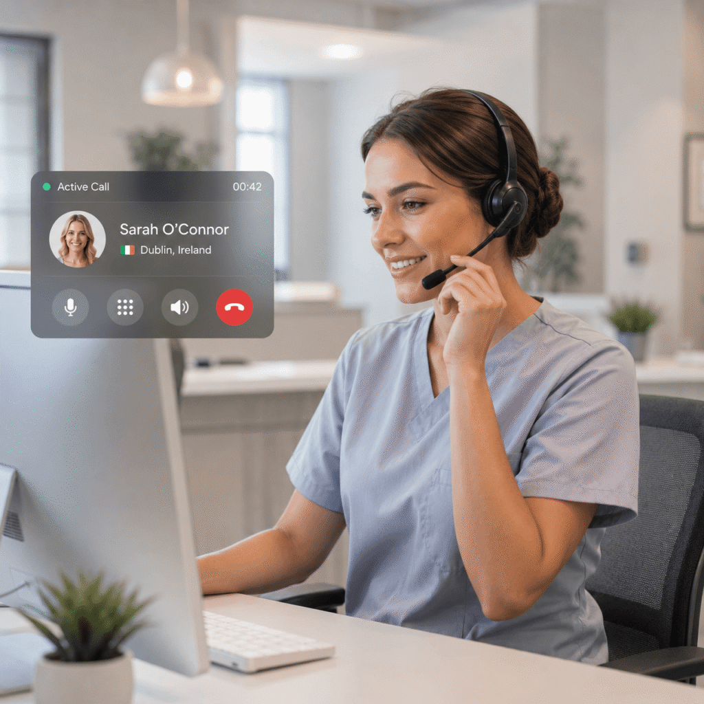 Clinic receptionist with a headset handling a patient call