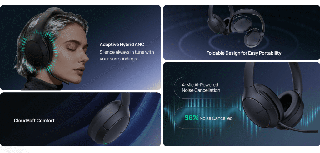 Yealink BH78 features: adaptive hybrid ANC, foldable design and 4-mic AI noise cancellation