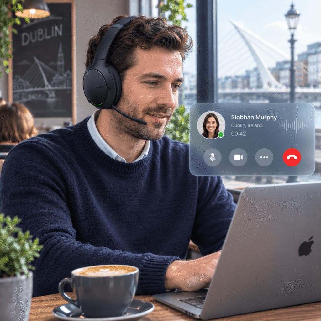 Business user taking a call on a Yealink Bluetooth headset with the Dromlik phone system