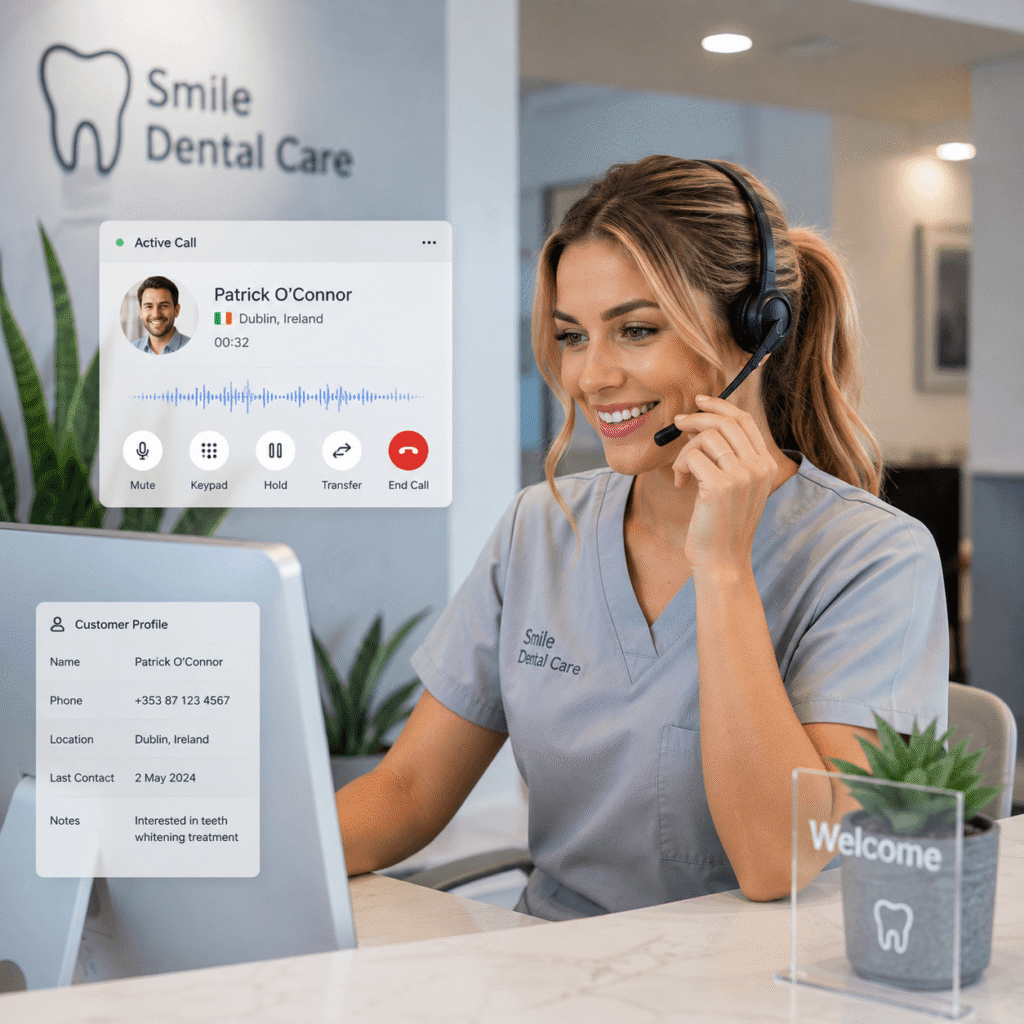 Dental clinic receptionist using Dromlik's cloud phone system to manage a patient call