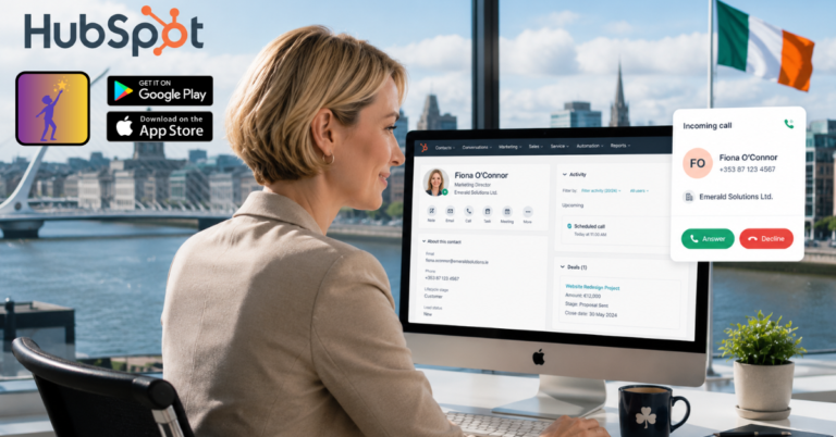 A woman using Dromlik's integration with HubSpot to answer a call.