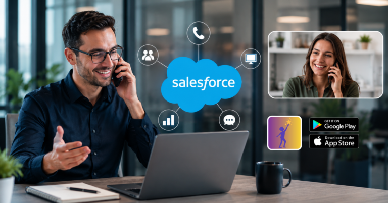 Man using Salesforce to make a VoIP call using Dromlik software.
