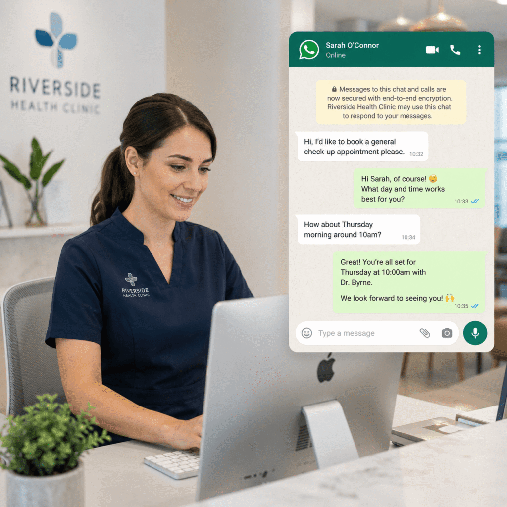 Medical receptionist replying to a WhatsApp appointment message on a desktop computer